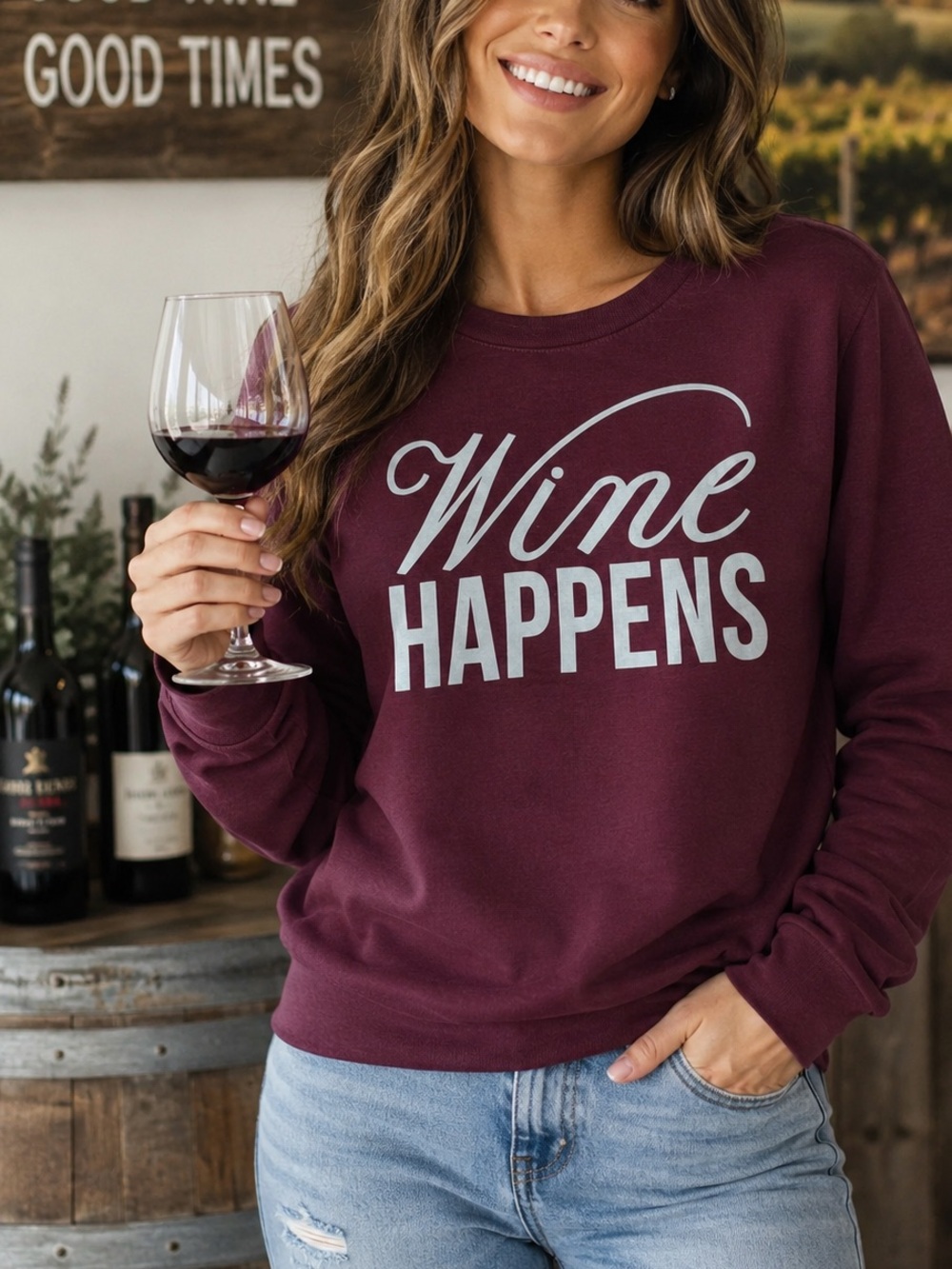 Wine Happens Burgundy Sweatshirt Women’s Large Weekend Wine Tour Ladies Getaway